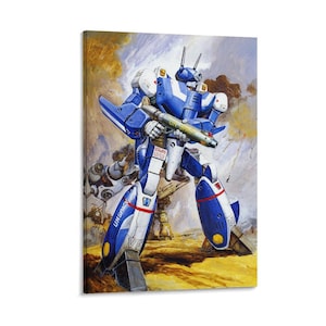 Puede incluir: Impresión en lienzo de un robot azul y blanco sosteniendo un arma, sobre un fondo de campo de batalla. El robot tiene el texto "UN SPACY" y "VF" en su cuerpo. La obra de arte es una ilustración vibrante.