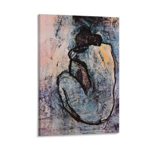 May include: A canvas print of a seated figure in a muted color palette. The artwork features a person in a curled position, with shades of blue, yellow, and brown. The background has a textured, painterly effect.