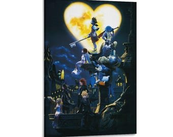 May include: A vertical canvas print featuring a fantasy scene with several characters atop a cityscape under a heart-shaped moon. The color palette includes blues, blacks, and yellows, creating a dramatic and detailed artwork.