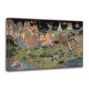 May include: A framed canvas print of a fantasy map titled "THE LAND OF MAKE BELIEVE." The map features a detailed illustration with castles, rivers, mountains, and whimsical elements in a vintage style. The color palette includes greens, blues, and browns.