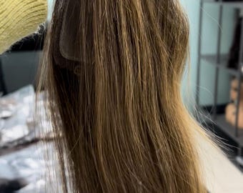 Women Preplucked Hairline Topper: Dark Brown Balayage Highlight Human Hair Piece Swiss HD Lace 12 14 inch