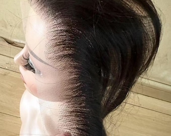 Pieza de cabello humano virgen Remy prearrancado con encaje frontal transparente de 2x13, 14 pulgadas, cabello negro