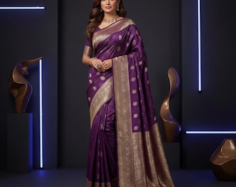 Royal Purple Viscose Silk Saree | Gold Zari Border, Floral Pattern, Wedding Wear