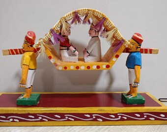 Wooden Palanquin Figurine: Hand-Painted Indian Wedding Decor, Cultural Art Piece