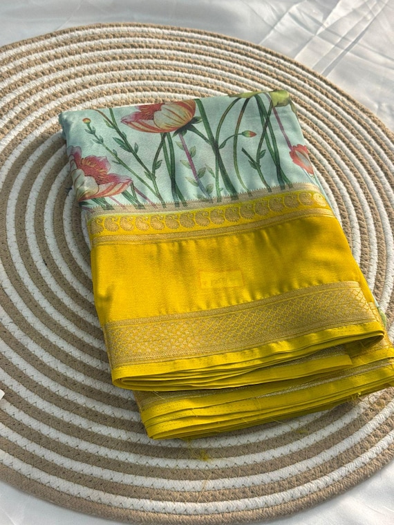 Semi Mysore Silk Digital Print Saree | Floral Zari Border Party Wear