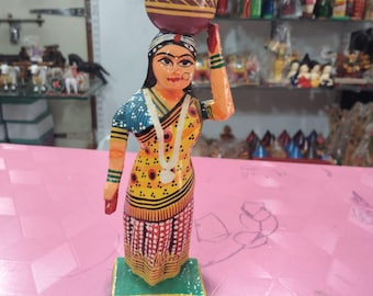 Hand-Painted Wooden Figurine: Woman Carrying Pot on Head – Folk Art Decor