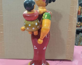 Wooden Mother and Child Figurine: Hand-Painted Indian Folk Art Home Decor
