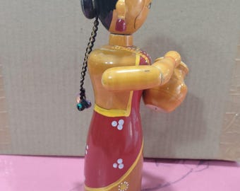 Wooden Figurine: Woman Carrying Pot, Hand-Painted Folk Art Decoration