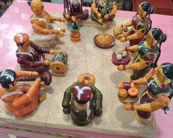 Wooden Village Scene Figures: Musicians, Dancers, Serving Food – Traditional Indian Decor