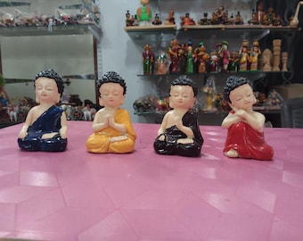 Meditating Baby Buddha Figurines, Set of Four Colorful Monk Statues