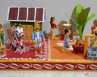 Terracotta Village Scene Diorama: Musicians, Well, Cooking Fire