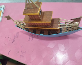 Wooden Toy Boat, Blue Hull, Multi-Level Deck, Nautical Decor