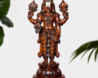 Wooden Vishnu Statue: Standing Deity Carving, Religious Home Decor