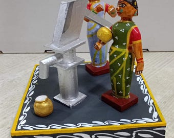 Hand-Painted Wooden Figurine: Women at Water Pump Diorama – Folk Art Decor