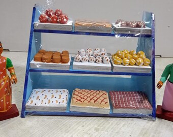 Wooden Toy Sweet Shop Display with Figures, Miniature Bakery Stand