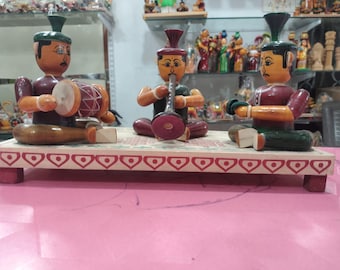 Wooden Musicians Figurine Set: Drum, Flute, and Tambourine Players