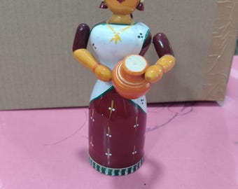 Hand-Painted Wooden Doll with Pot: Traditional Indian Folk Art Figurine