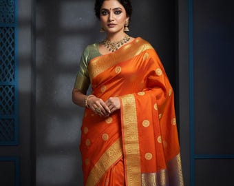 Pure Mysore Silk Saree | Vibrant Orange, Sea Green Border, Gold Zari Butta Work