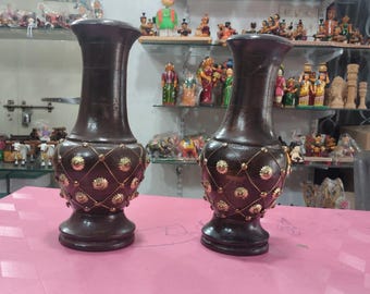 Dark Wood Vase with Gold Floral Embellishments – Decorative Home Accent