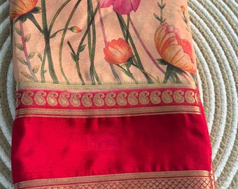 Semi-mysore zijden sari | Lichtgewicht digitale bloemenprint, feestkleding voor op kantoor