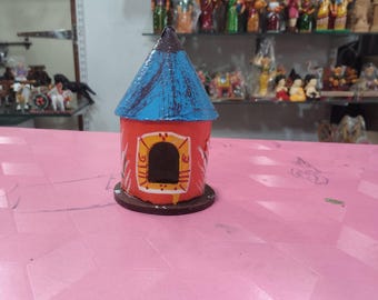 Hand-Painted Terracotta House Figurine: Red, Blue Roof, Folk Art Decor