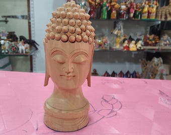Wooden Buddha Head Sculpture, Hand Carved Meditation Decor