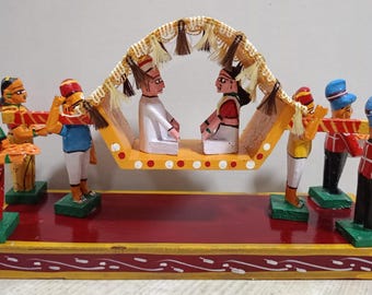 Wooden Wedding Procession Figurine: Bride Groom Palanquin Scene – Folk Art Decor
