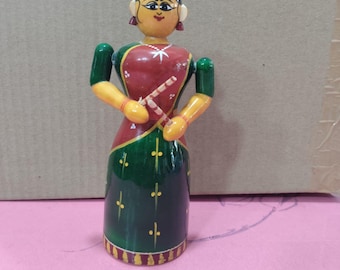 Wooden Folk Art Doll, Hand-Painted Traditional Indian Figurine