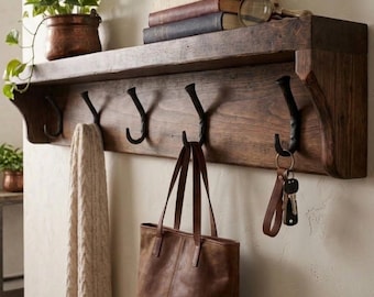 Reclaimed Wood Coat Rack with Shelf, Rustic Wall Mounted Iron Hooks, Farmhouse Entryway Organizer, Mudroom Storage, Hat & Jacket Holder
