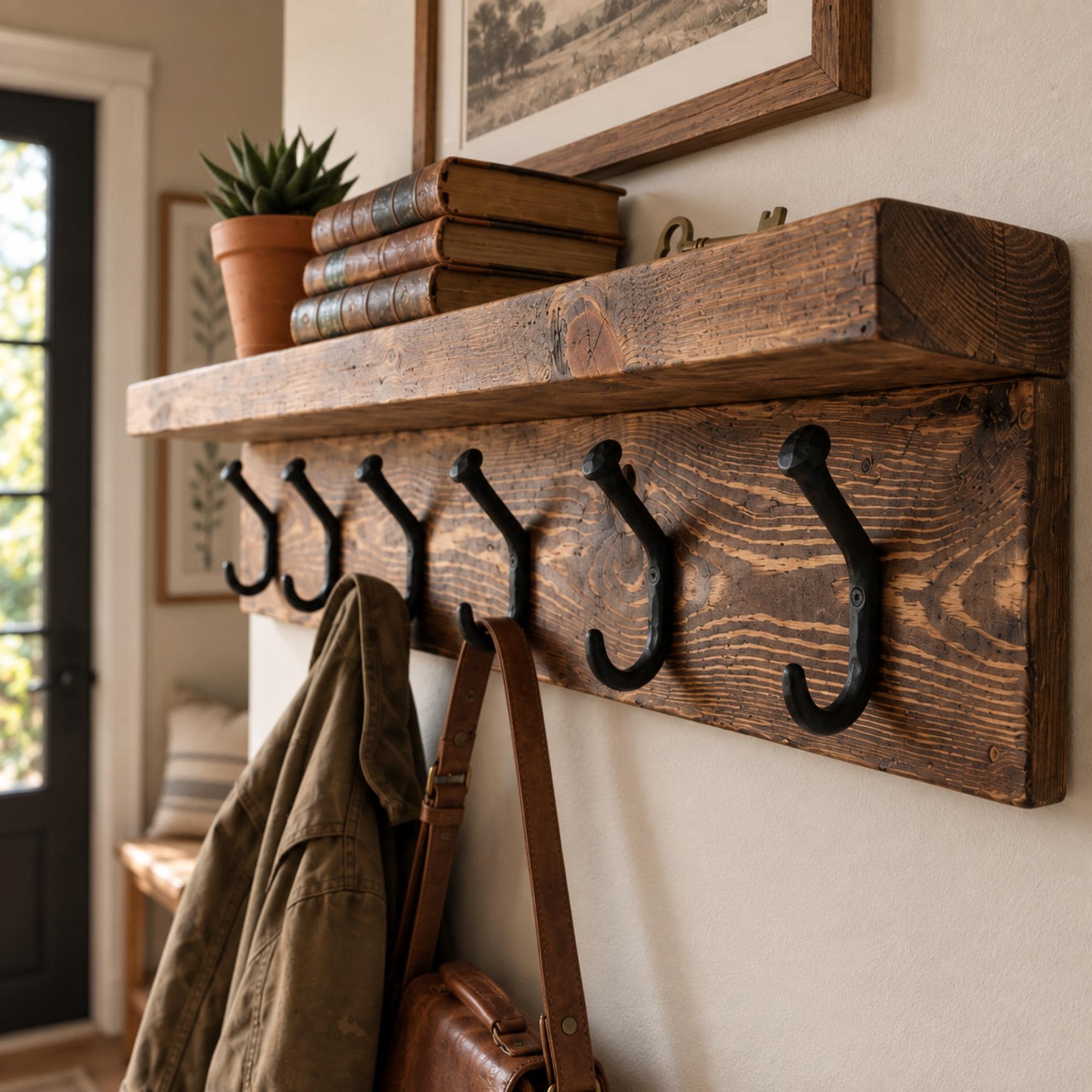 Reclaimed Wood Coat Rack With Shelf, Rustic Wall Mounted Iron