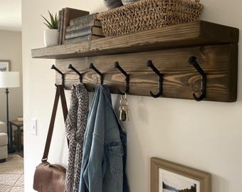 Reclaimed Wood Coat Rack with Shelf, Rustic Wall Mounted Iron Hooks, Farmhouse Entryway Organizer, Mudroom Storage, Hat & Jacket Holder