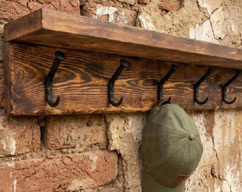 Reclaimed Wood Coat Rack with Shelf, Rustic Wall Mounted Iron Hooks, Farmhouse Entryway Decor