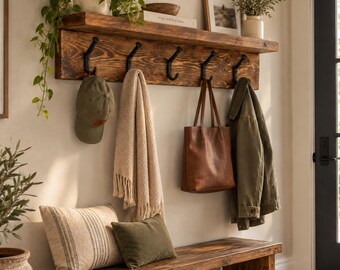 Reclaimed Wood Coat Rack With Shelf, Rustic Wall Mounted Iron