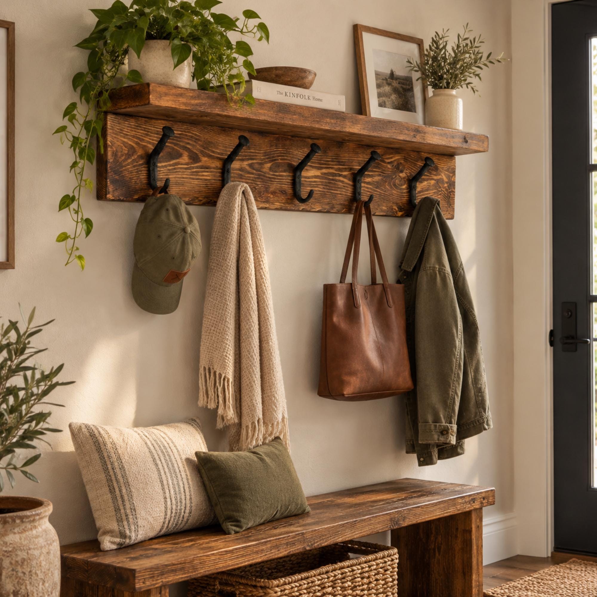 Reclaimed Wood Coat Rack With Shelf, Rustic Wall Mounted Iron