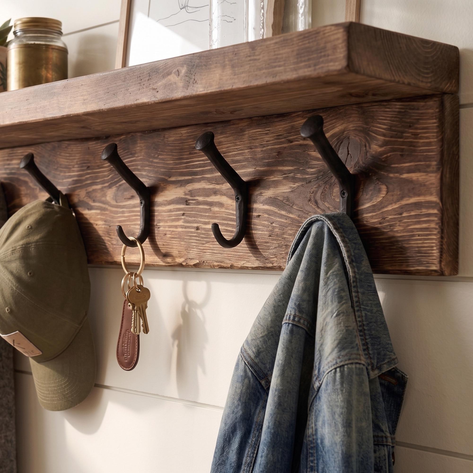 Reclaimed Wood Coat Rack With Shelf, Rustic Wall Mounted Iron