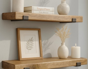 Modern Farmhouse Floating Wood Shelves, Solid Wall Mounted Storage Shelf Set with Black Metal Brackets
