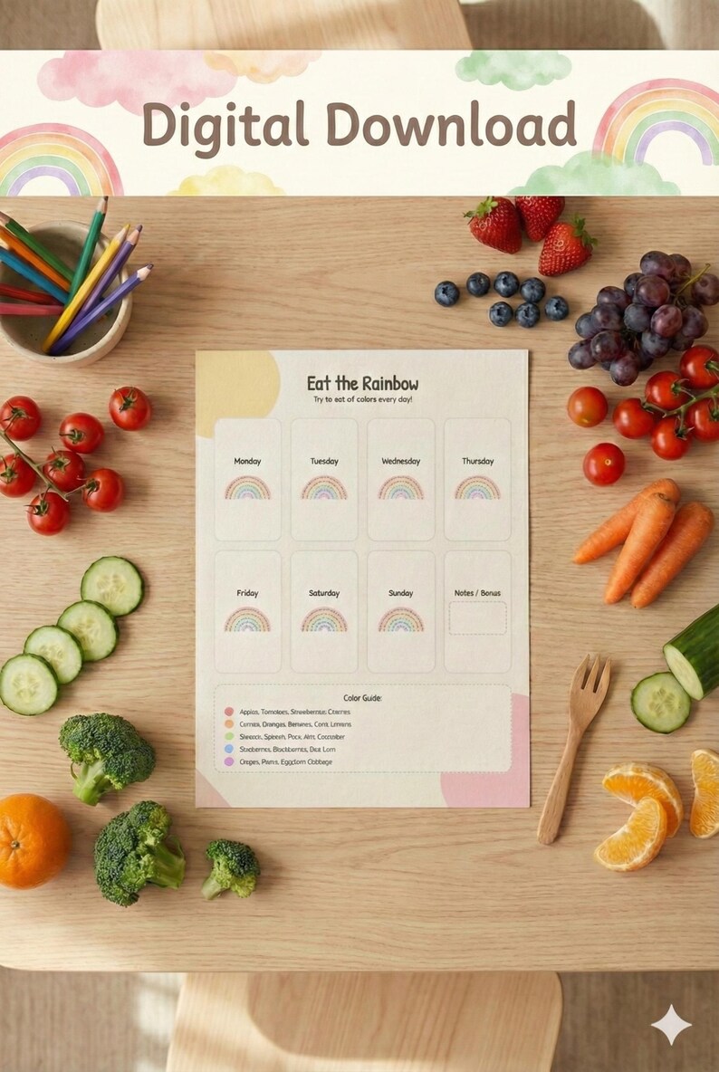 Kids Eat the Rainbow Tracker Printable, Picky Eater Food Chart, Healthy ...