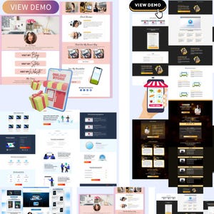 May include: A collection of website design mockups and elements. The image features a mobile phone with a shopping cart icon, a storefront illustration, and various website layouts with text including "Visit My Blog" and "Online Store."