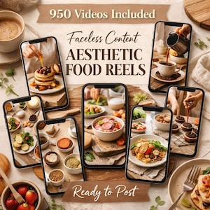 Puede incluir: Anuncio de "Faceless Content Aesthetic Food Reels" con imágenes de comida en teléfonos inteligentes. La imagen incluye el texto "950 vídeos incluidos" y "Ready to Post". La comida incluye panqueques, café y otros platos.
