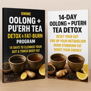 May include: Two books with text: "6NINE OOLONG + PU'ERH TEA DETOX & FAT-BURN PROGRAM" and "14-DAY OOLONG + PU'ERH TEA DETOX". Each book shows tea in ceramic cups, tea leaves, ginger, and lemon slices. The books are on a wooden surface.