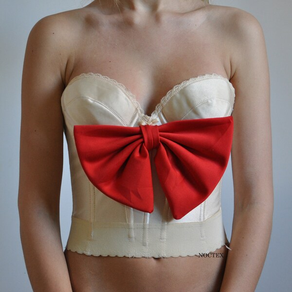 CLEARANCE: Reworked Vintage 1980s Dream Doll Cream and Red Bow Bustier - 34B