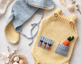 Handgebreide outfit voor babykonijn, set pasgeboren romper en muts, muts met konijnenoren en wortelen, fotoshootkostuum van 100% katoen