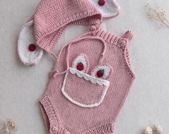 Hand Knitted Pink Bunny Baby Set, Newborn Romper and Bonnet, Strawberry Outfit, Spring Baby Girl Gift