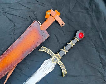 Handmade Goldryn-Inspired Fantasy Sword – Flame Etched Blade, Gold Hilt, Ruby Gem, Cosplay & Display Collectible, Medieval Decor