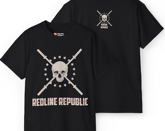 Redline Republic Brand Gym Shirt, Barbell Crossbones Workout Motivation Tee for CrossFit, HYROX, and Fitness Training