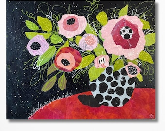 Original Expressive Floral Mixed Media Collage, Bold Floral Collage, Original Flower Painting, Floral Colorful Original Wall Art Wall Decor