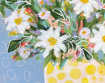 Original Flower Painting, Daisy Painting on Paper, Collage Art, Original Hand Painted Art, Bright Colors, Unique Hand Painted Floral Acrylic