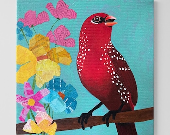 カラフルでユニークな鳥の絵画オリジナル、手描きのキャンバスアート、ミックスメディアコラージュアート、ストロベリーフィンチの鳥のアートワーク、小さな絵画
