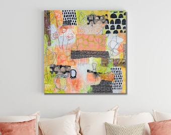 Maximalist Wohnkultur, Neon Wand Kunst, Leuchtend bunte Einzigartige Abstrakte Malerei, Handgemalte Multi Media Collage auf Leinwand, Abstraktes Kunstwerk