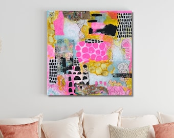 Rosa Wandkunst, Original Abstraktes Gemälde, Maximalistische Wohnkultur, Hell Bunt, Handgemalte Multimedia Collage Leinwand, Abstraktes Kunstwerk
